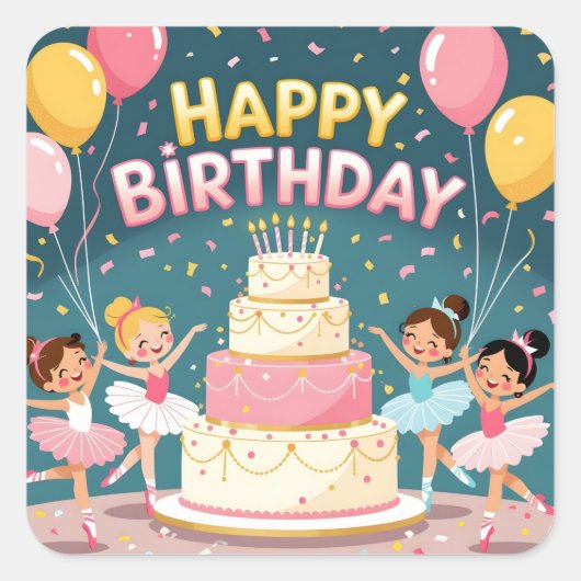 Cute Happy Birthday ballerina theme Quadratischer Aufkleber (Vorderseite)