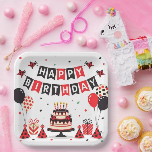 Cute Happy Birthday ladybug theme Pappteller (Party)