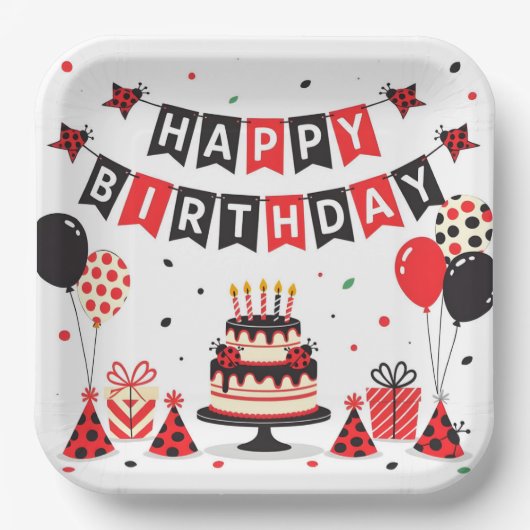Cute Happy Birthday ladybug theme Pappteller (Vorderseite)