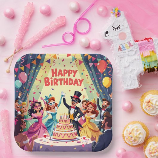 Cute Happy Birthday masquerade theme Pappteller (Party)
