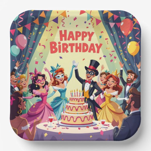 Cute Happy Birthday masquerade theme Pappteller (Vorderseite)