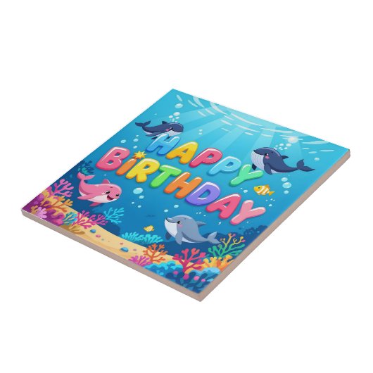 Cute Happy Birthday nautical dolphin Fliese (Seite)