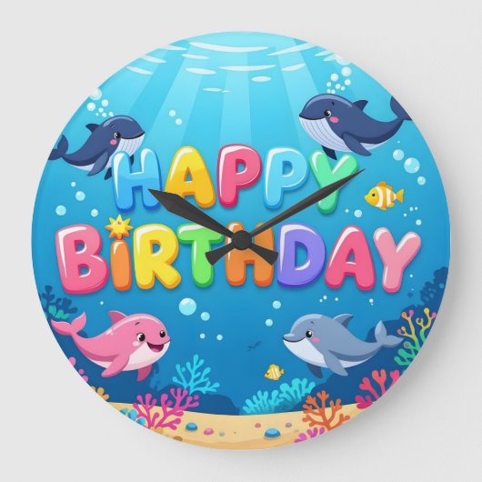 Cute Happy Birthday nautical dolphin Große Wanduhr (Vorderseite)