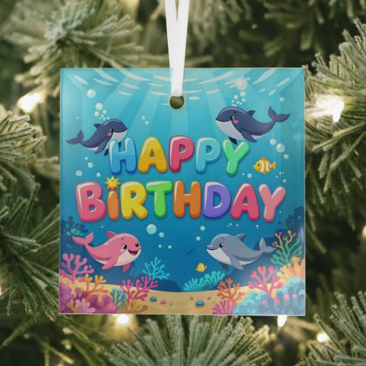 Cute Happy Birthday nautical dolphin Ornament Aus Glas (Insitu)