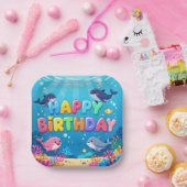Cute Happy Birthday nautical dolphin Pappteller (Party)