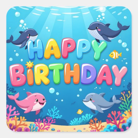 Cute Happy Birthday nautical dolphin Quadratischer Aufkleber (Vorderseite)