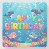 Cute Happy Birthday nautical dolphin Steinuntersetzer (Vorderseite)