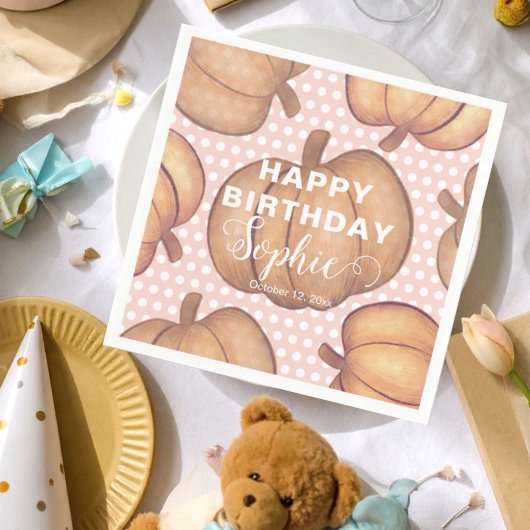 Cute Happy Birthday Pink & Orange Pumpkin Party  Serviette