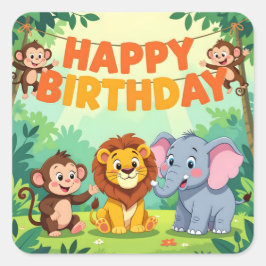 Cute Happy Birthday safari theme Quadratischer Aufkleber