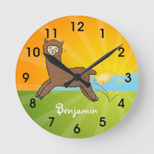 Cute happy brown alpaca cartoon runde wanduhr
