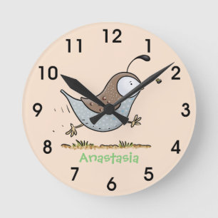 Cute happy californian quail cartoon illustration runde wanduhr