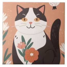Cute Happy Cat with Spring Flowers Fliese