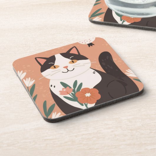 Cute Happy Cat with Spring Flowers Getränkeuntersetzer (Linke Seite)