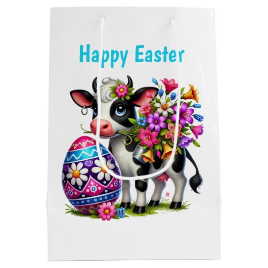 Cute Happy Easter cow customizable Medium  Mittlere Geschenktüte (Rückseite)