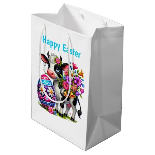 Cute Happy Easter cow customizable Medium  Mittlere Geschenktüte (Rückseite Schrägansicht)