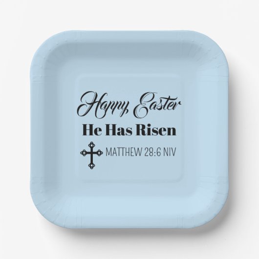 Cute Happy Easter He Has Risen Bible Verse Blue Pappteller (Vorderseite)