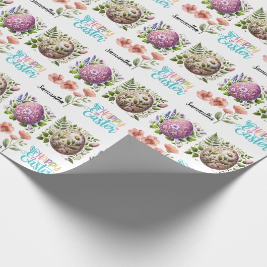 Cute Happy Easter Typography with Easter Eggs Name Geschenkpapier (Ecke)