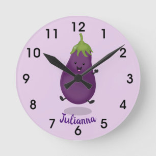 Cute happy eggplant aubergine cartoon illustration runde wanduhr