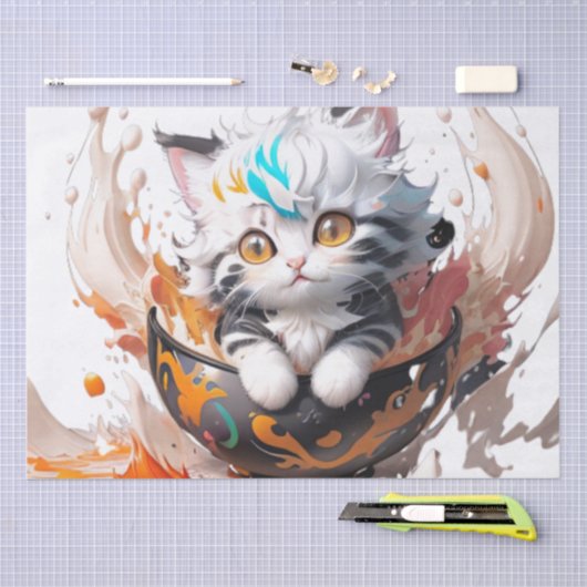 Cute happy fluffy kitten in Ball Seidenpapier (Handwerk)