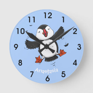 Cute happy flying puffin blue cartoon illustration runde wanduhr