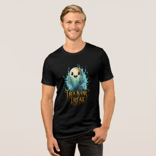 Cute Happy Ghost "Trick or Treat" Art Tri-Blend Shirt