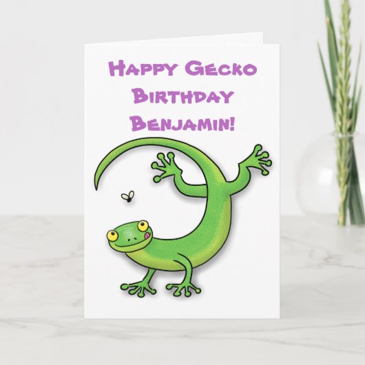 Cute happy green gecko cartoon karte (Vorderseite)