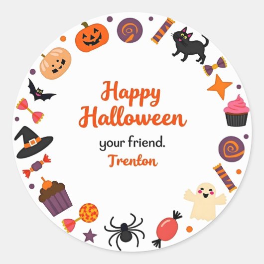 Cute Happy Halloween Sticker with Candy and Ghost (Vorderseite)