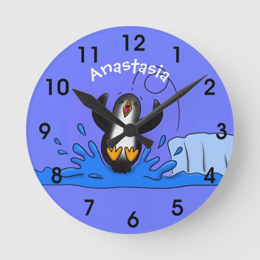 Cute happy jumping penguin cartoon illustration runde wanduhr (Vorderseite)