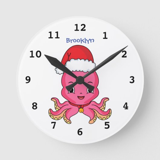Cute happy octopus wearing Christmas hat cartoon Runde Wanduhr (Vorderseite)