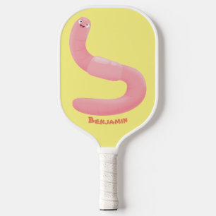 Cute happy pink earthworm cartoon pickleball schläger