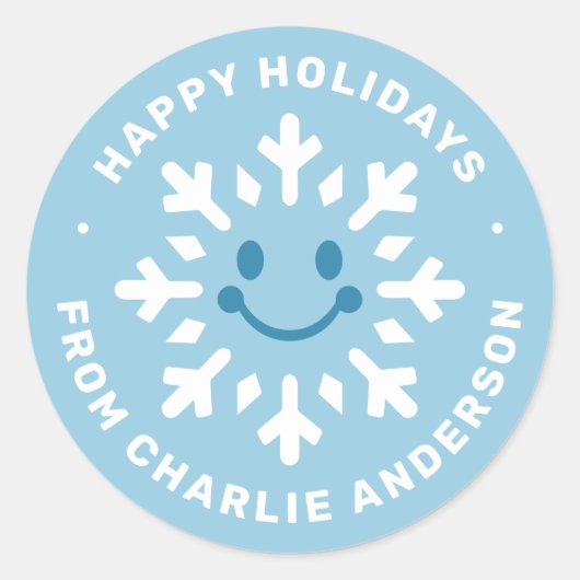 Cute happy snowflake Happy Holidays blue winter Runder Aufkleber (Vorderseite)