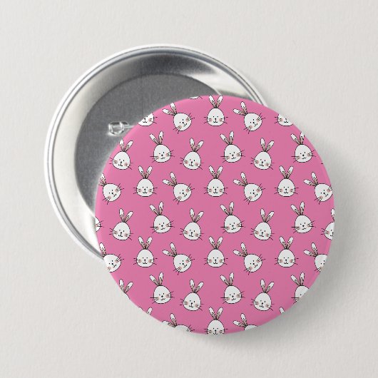 Cute Happy White Easter Bunny on Pink Button (Vorne & Hinten)