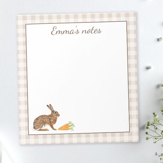 Cute Hare With Carrots On Beige Gingham Easter Notizblock
