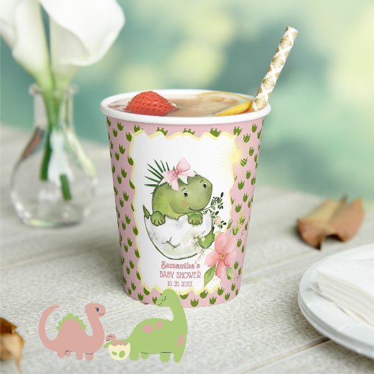 Cute Hatching Dino Girl Baby Shower Paper Cups Pappbecher