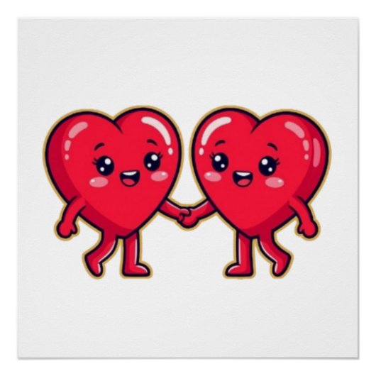 Cute Heart Characters Holding Hands Poster (Vorderseite)