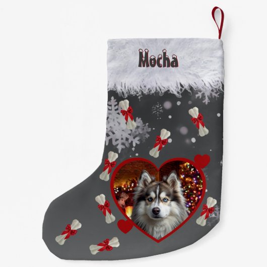 Cute Heart Pet Photo Dog Name Black Snowflake  Kleiner Weihnachtsstrumpf (Rückseite)