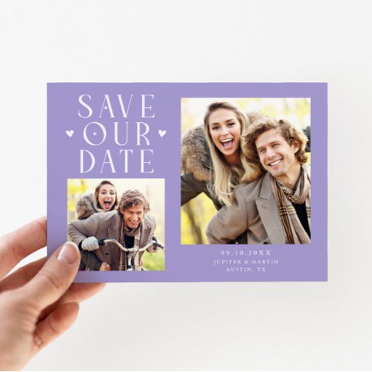 Cute Hearts 2-Photo Lilac Wedding Save The Date