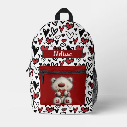 Cute Hearts Teddy Bear Customizable Name  Bedruckter Rucksack (Vorderseite)