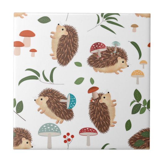 Cute Hedgehog Mushrooms Woodland Forest Animal Fliese (Vorderseite)