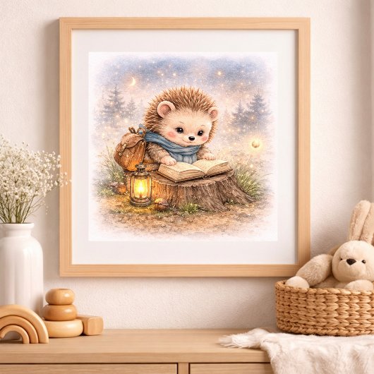 Cute Hedgehog Reading A Book Kids Nursery Poster