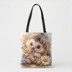 Cute Hedgehog Tote Bag with Teddy Floral Tasche