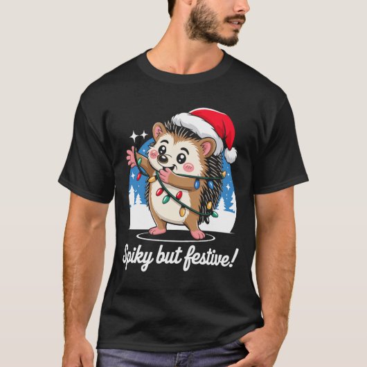 Cute Hedgehog With Santa Hat Christmas Lights Wint T-Shirt (Vorderseite)