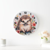 Cute hedgehog with Spring flowers Große Wanduhr (Zuhause)