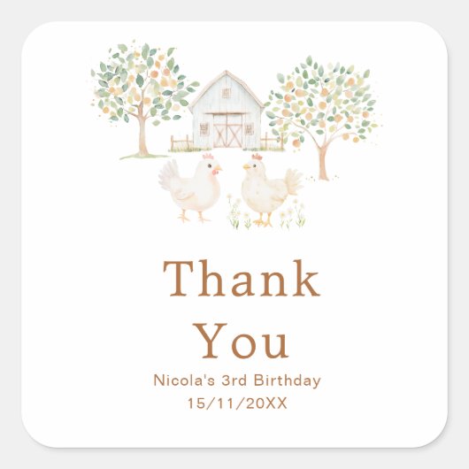 Cute Hens Farm Barn Birthday Party Quadratischer Aufkleber (Vorderseite)