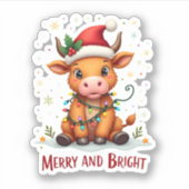 Cute Highland Baby Cow Christmas Lights Merry & Br Aufkleber (Vorderseite)
