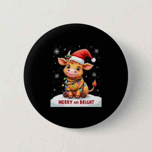 Cute Highland Baby Cow Christmas Lights Merry & Br Button (Vorderseite)