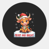 Cute Highland Baby Cow Christmas Lights Merry & Br Runder Aufkleber (Vorderseite)