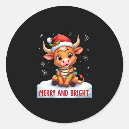 Cute Highland Baby Cow Christmas Lights Merry & Br Runder Aufkleber (Vorderseite)
