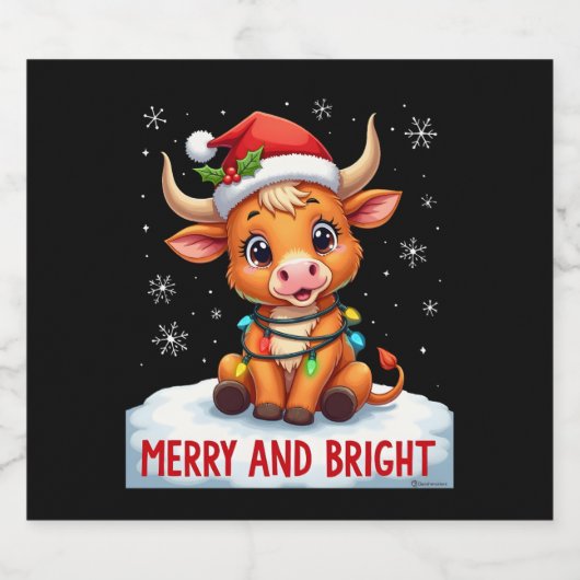 Cute Highland Baby Cow Christmas Lights Merry & Br Schaumweinetikett (Einzelnes Label)