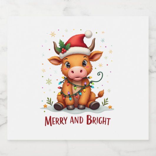Cute Highland Baby Cow Christmas Lights Merry & Br Schaumweinetikett (Einzelnes Label)